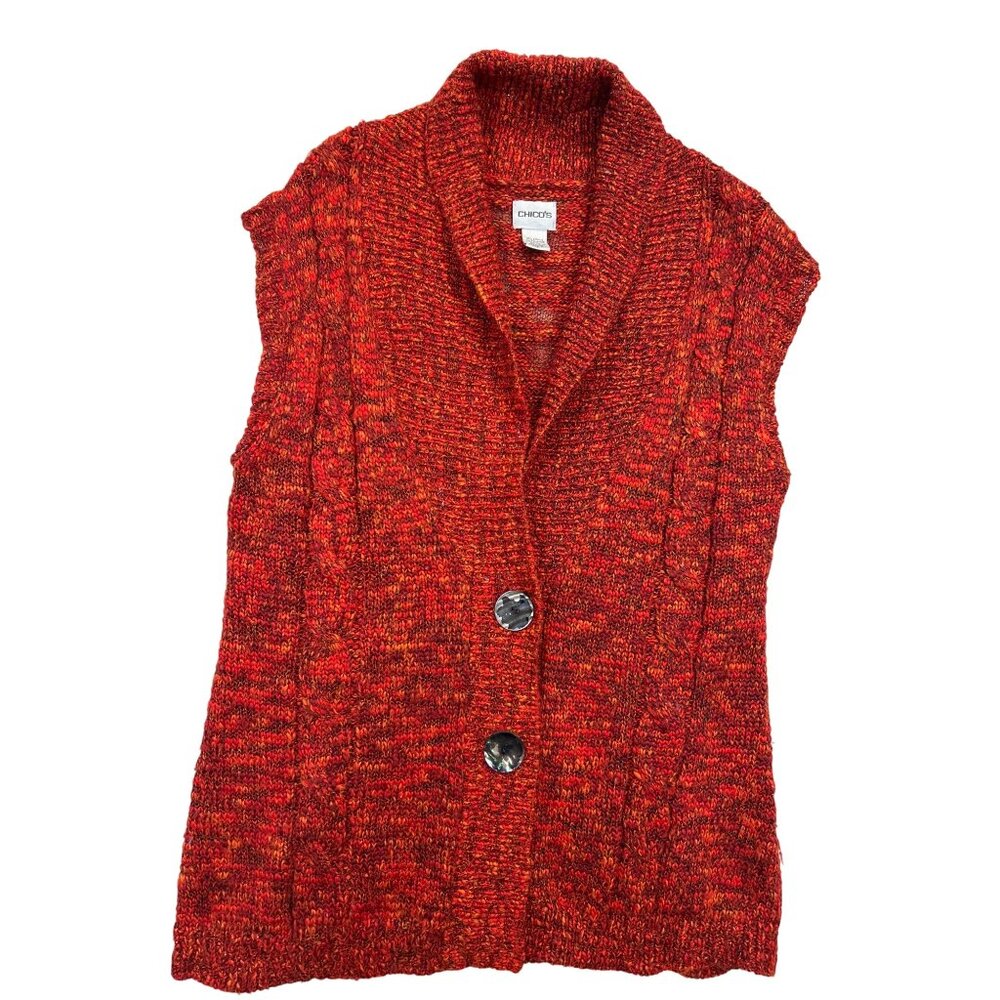 Chicos Sweater Vest Womens Size 2‎ Orange Red Sleeveless Cardigan Shawl Collar